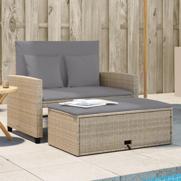 Two-seater garden sofa with cushions, beige, polyrattan