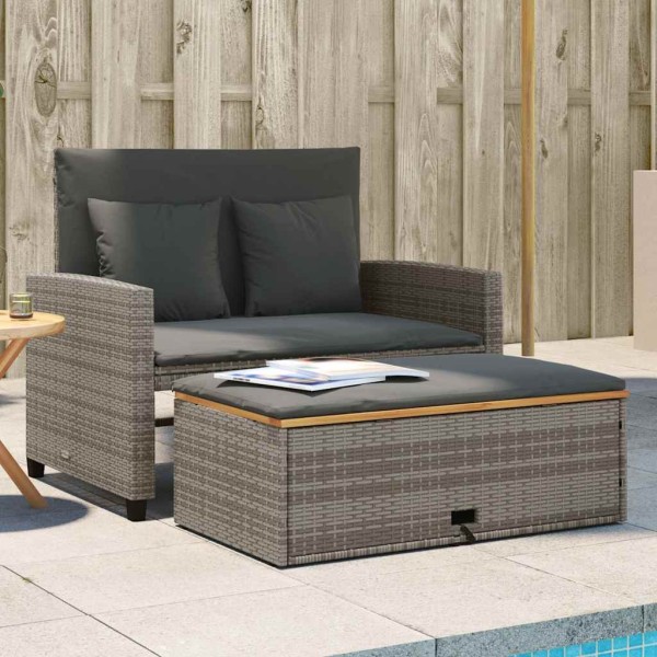 Two-seater garden sofa with cushions, grey, polyrattan/acacia