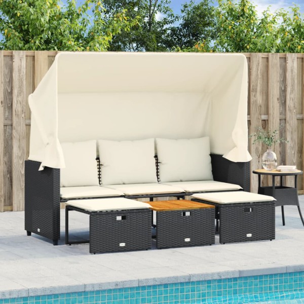 Three-seater garden sofa with vault/stools, black, polyrattan