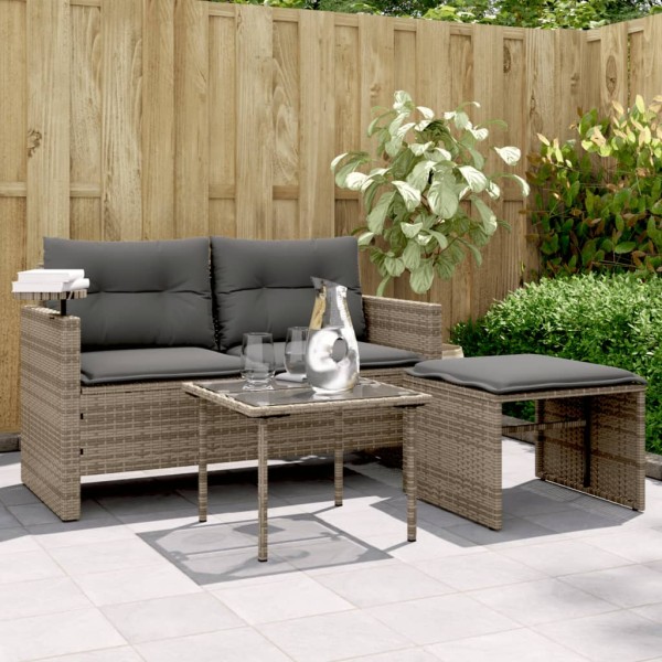 Sofa set with cushions, 3 parts, gray, polyrattan