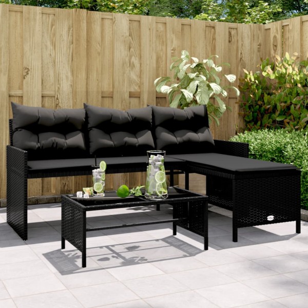 Garden sofa with table/cushions, black, polyrattan, L-shaped