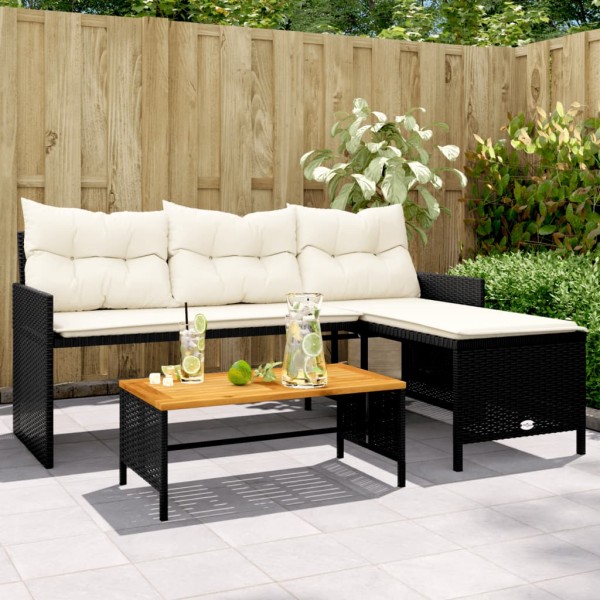 Garden sofa with table/cushions, black, polyrattan, L-shaped