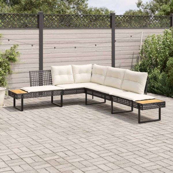 Garden sofa with cushions, black, polyrattan/acacia, L-shaped