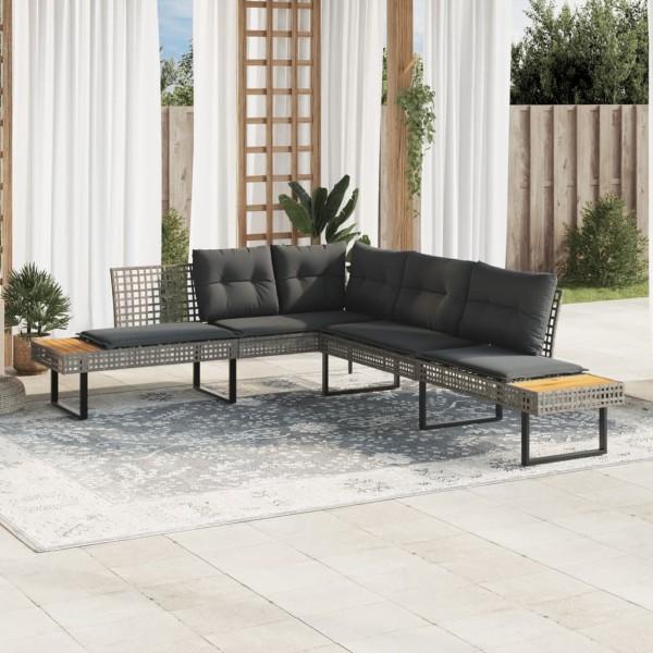 Garden sofa with cushions, gray, polyrattan/acacia, L-shaped