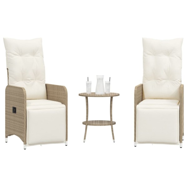 Reclining garden chairs with table, 2 pcs., sand, polyrattan