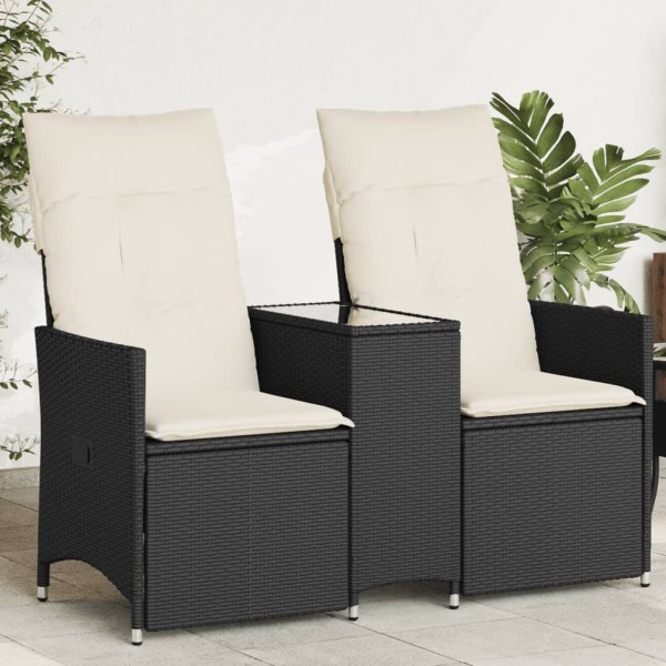 Reclining double garden sofa with table, black, polyrattan