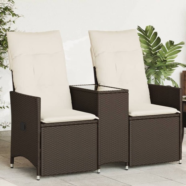 Reclining double garden sofa with table, brown, polyrattan