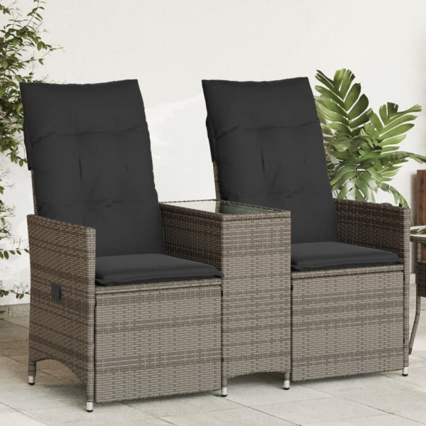 Reclining double garden sofa with table, gray, polyrattan