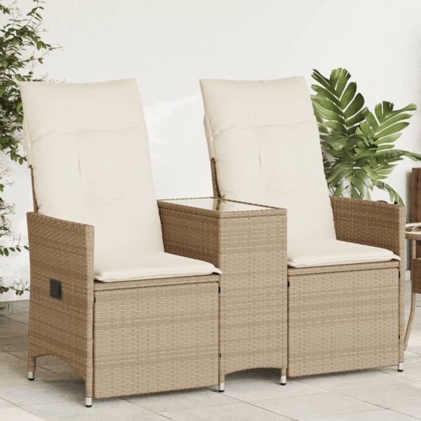 Reclining double garden sofa with table, sand, polyrattan