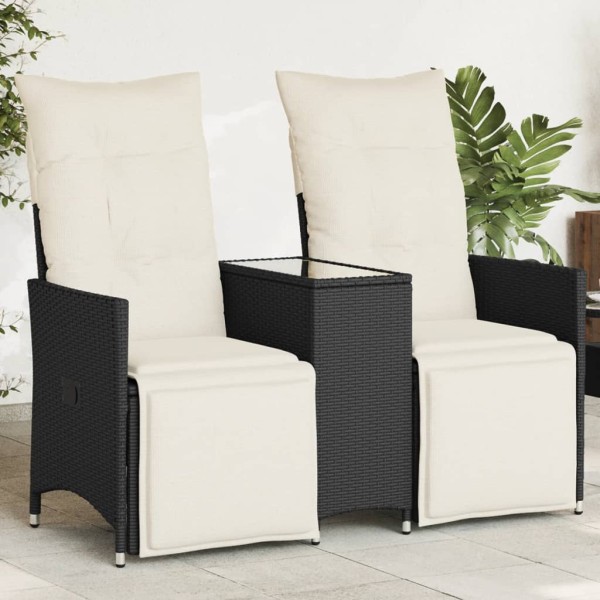Reclining double garden sofa with table, black, polyrattan