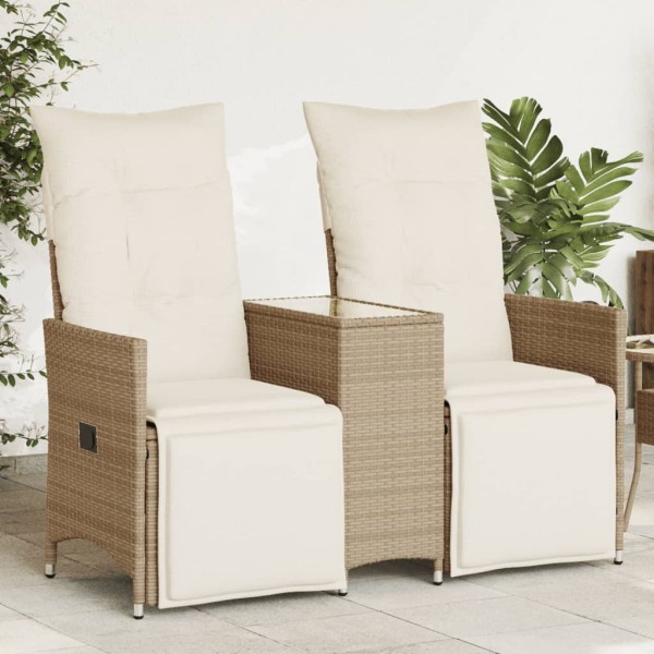 Reclining double garden sofa with table, sand, polyrattan