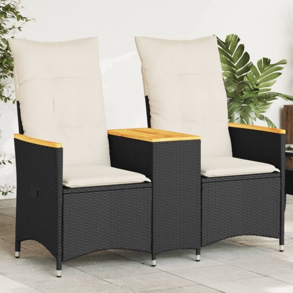Reclining double garden sofa with table, black, polyrattan