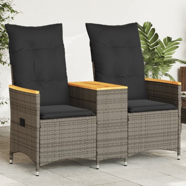 Reclining double garden sofa with table, gray, polyrattan