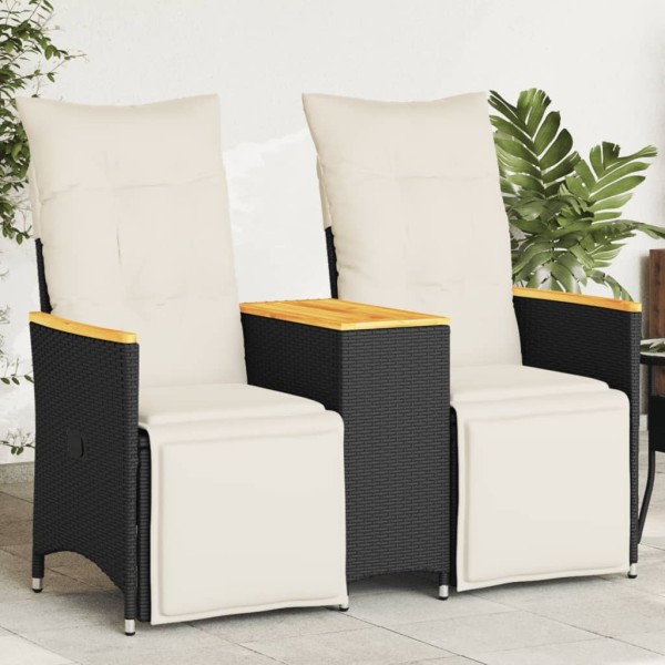 Reclining double garden sofa with table, black, polyrattan