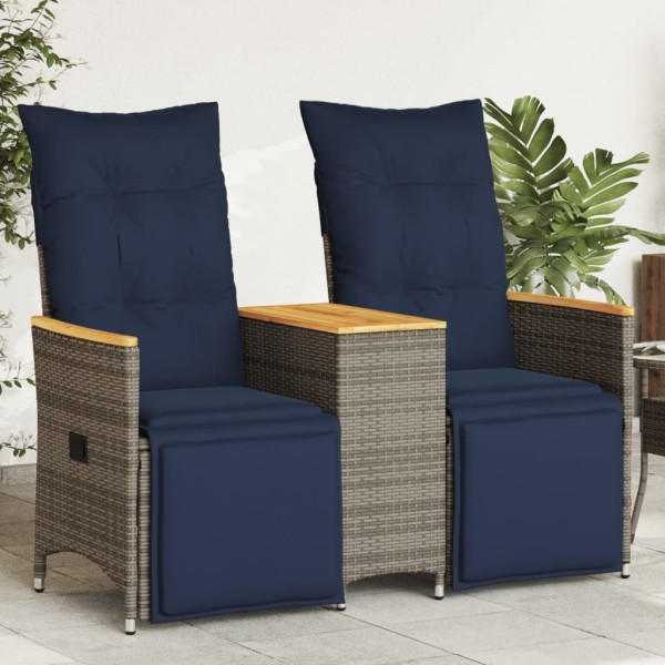 Reclining garden sofa, 2 seats, with table, gray, polyrattan