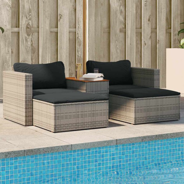 Garden set with cushions, 5 parts, polyrattan/acacia