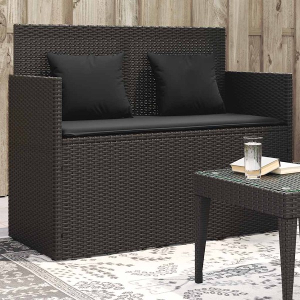 Garden bench with cushions, black, polyrattan
