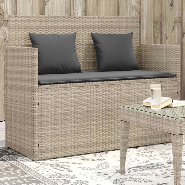 Garden bench with cushions, light grey, polyrattan