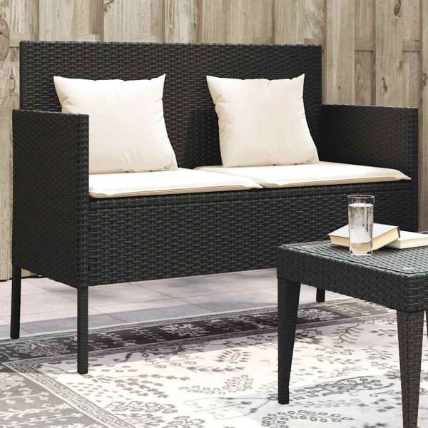 Garden bench with cushions, black, polyrattan