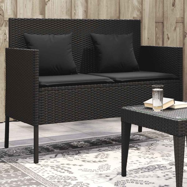 Garden bench with cushions, black, polyrattan