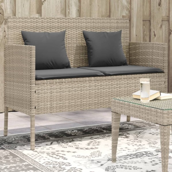 Garden bench with cushions, light grey, polyrattan