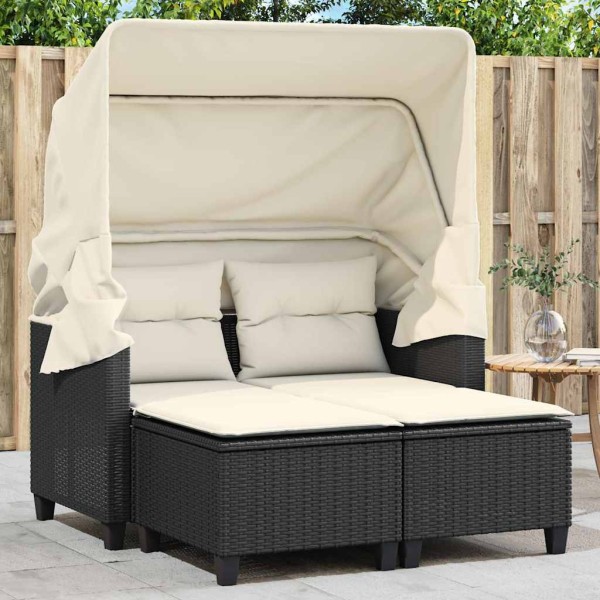 Two-seater garden sofa with vault/stools, black, polyrattan