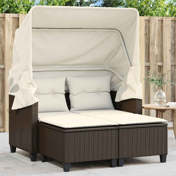 Two-seater garden sofa with vault/stools, brown, polyrattan