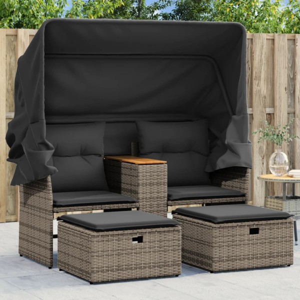 Two-seater garden sofa with vault/stools, gray, polyrattan