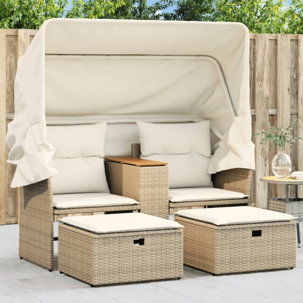 Two-seater garden sofa with vault/stools, sand, polyrattan