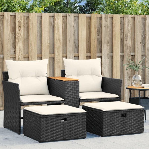 Two-seater garden sofa with stools, black, polyrattan