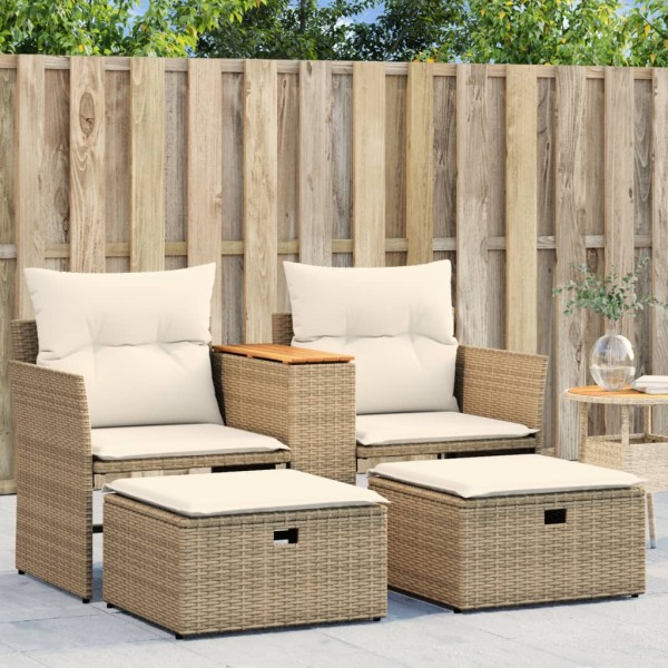 Two-seater garden sofa with stools, beige, polyrattan