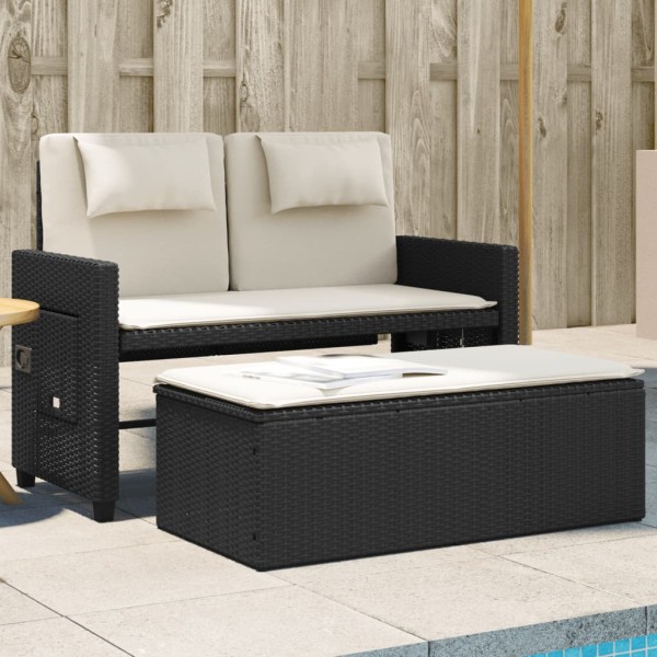 Reclining garden bench with cushions, black, polyrattan
