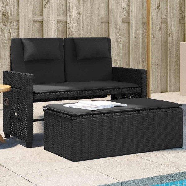 Reclining garden bench with cushions, black, polyrattan