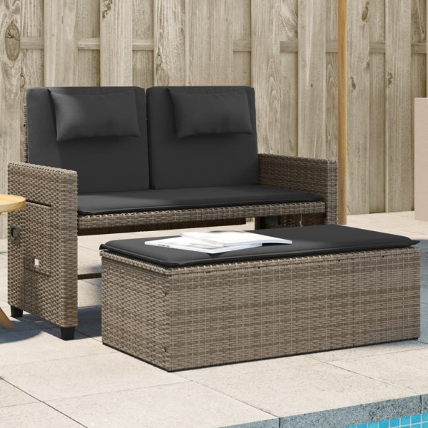 Reclining garden bench with cushions, gray, polyrattan