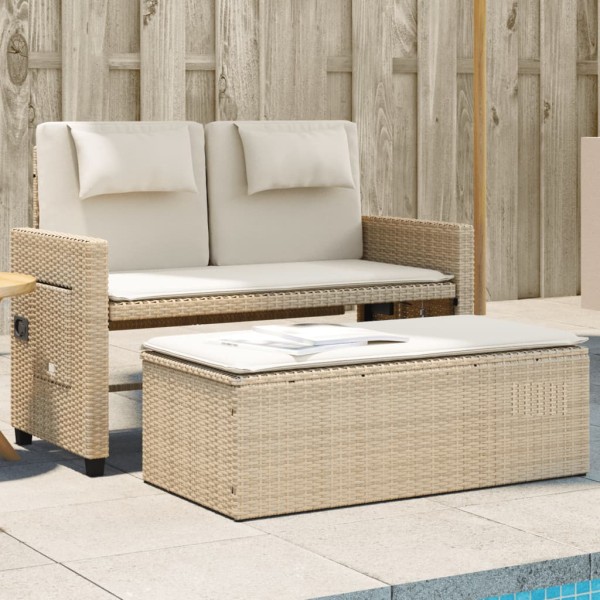Reclining garden bench with cushions, sand, polyrattan