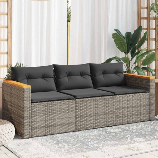 Three-seater garden sofa with cushions, gray color, polyrattan