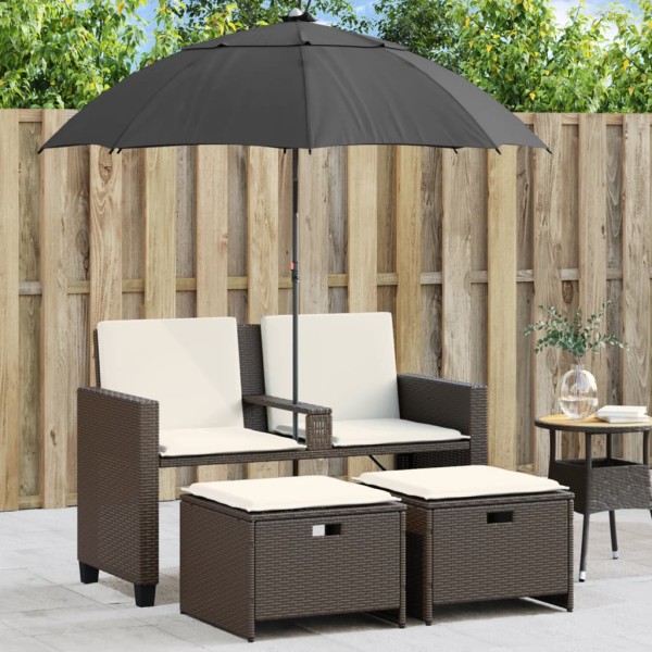 Double garden sofa with umbrella/stools, brown, polyrattan