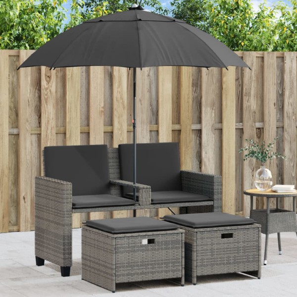 Two-seater garden sofa with umbrella/stools, gray, polyrattan
