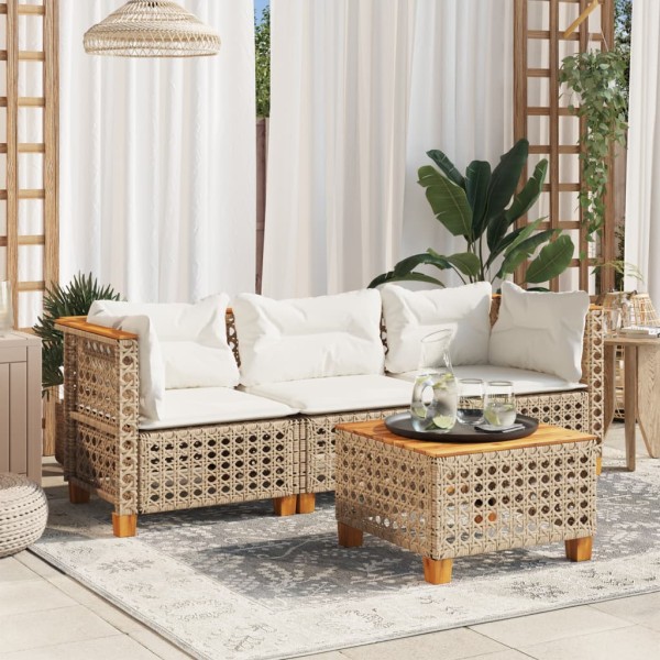 Three-seater garden sofa with cushions, beige, polyrattan