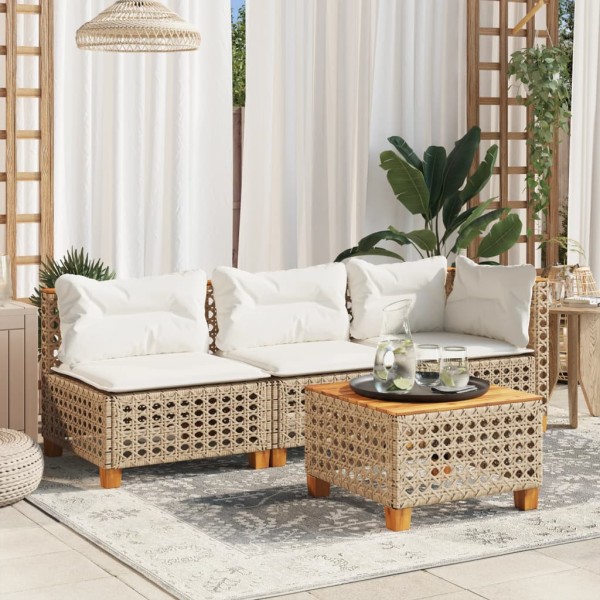 Three-seater garden sofa with cushions, beige, polyrattan