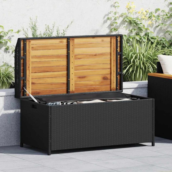 Bench-storage box, black, 100x50x52cm, polyrattan/acacia
