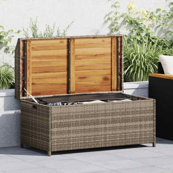 Bench-storage box, gray, 100x50x52cm, polyrattan/acacia