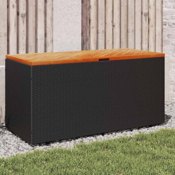 Garden storage box, black, 110x50x54cm, polyrattan and acacia