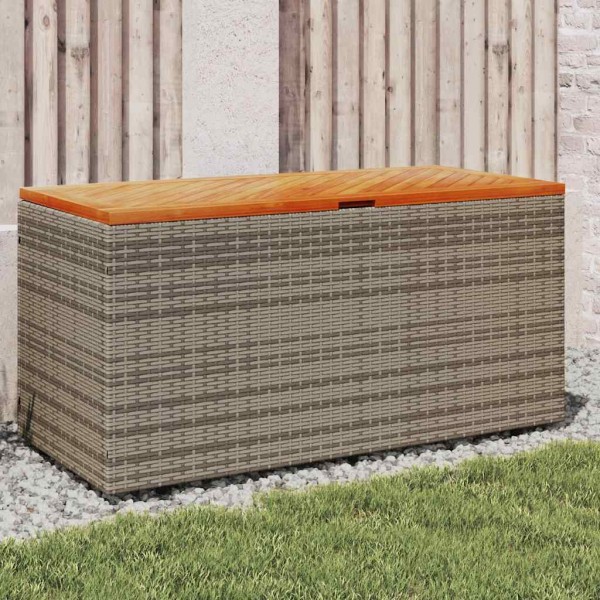 Garden storage box, gray, 110x50x54cm, polyrattan and acacia