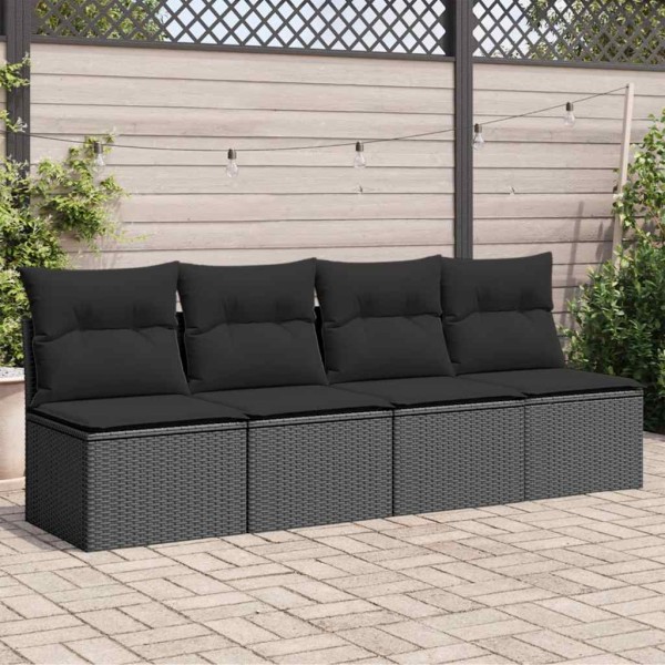 Garden sofa with cushions, 4 seats, black, polyrattan