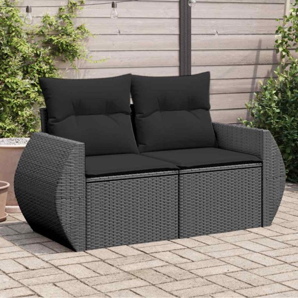 Two-seater garden sofa with cushions, black, polyrattan