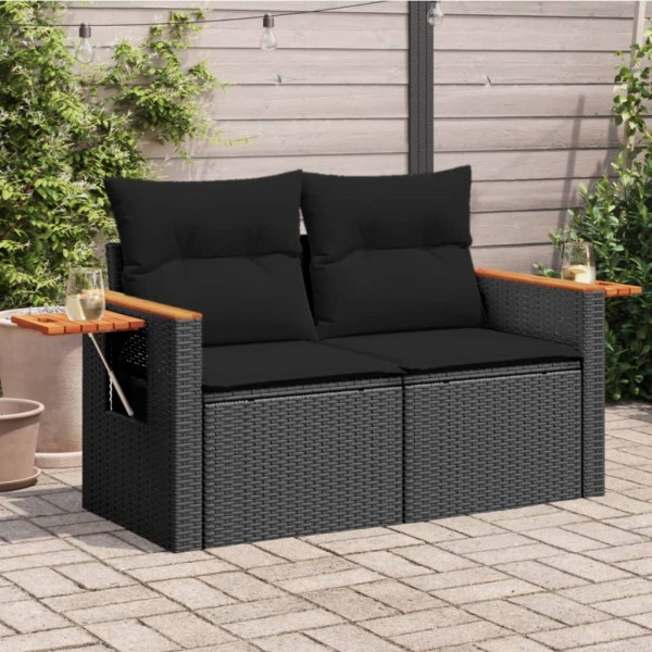 Two-seater garden sofa with cushions, black, polyrattan