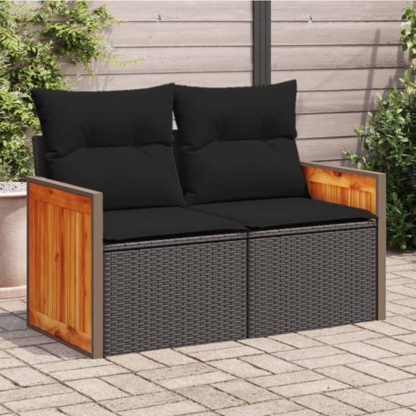 Two-seater garden sofa with cushions, black, polyrattan