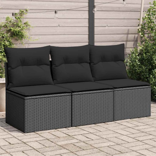 Garden sofa with cushions, 3 seats, black, polyrattan