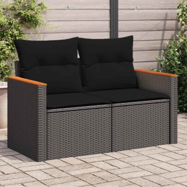 Two-seater garden sofa with cushions, black, polyrattan